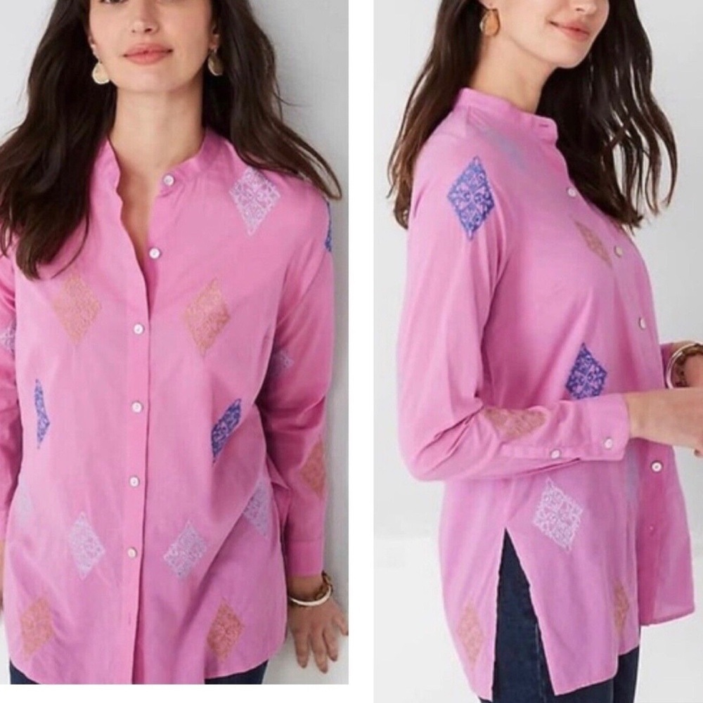 J. Jill Cotton Embroidered Button Down Shirt Camellia‎ Pink Large L Lightweight